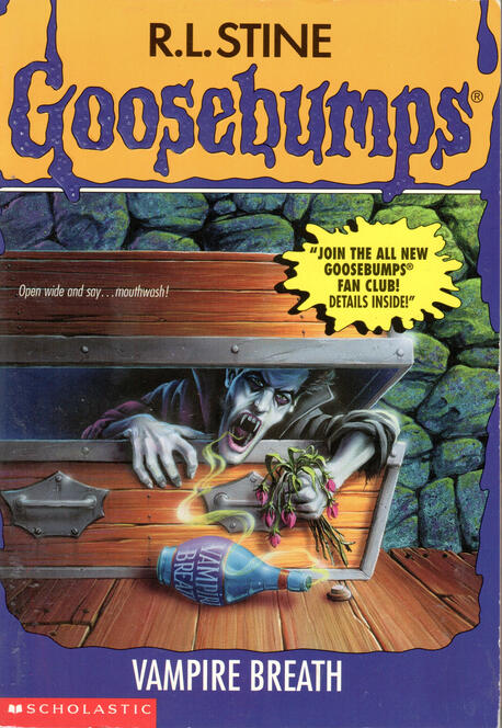 Goosebumps: Vampire Breath by R. L. Stine an old man crawls out of a coffin holding death flowers and looking at a blue vial