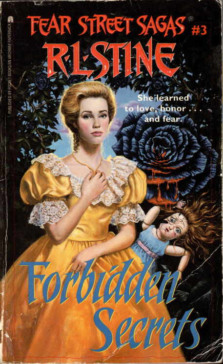 a woman in a yellow dress holds her hand to her heart as she sits next to a broken doll and a bleeding black rose. she needs to simmer down, really